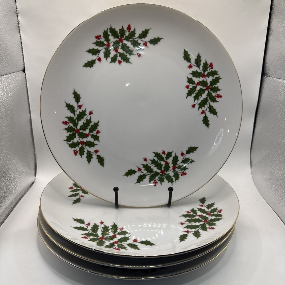 Set Of 4 Christmas Holly Dinner Plates 10.5” White Porcelain Gold Trim *